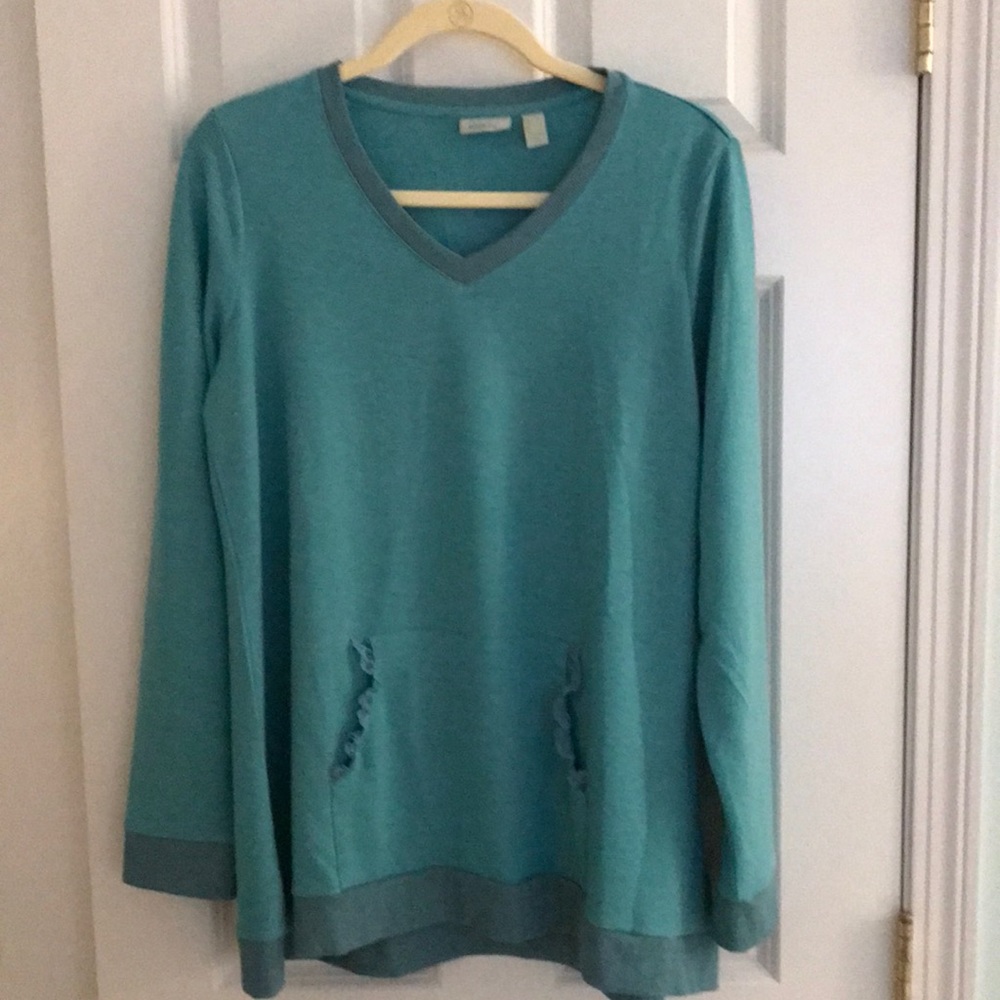 LOGO Lounge Lori Goldstein Aqua Turquoise Top Tunic Lace Pocket Detail S…